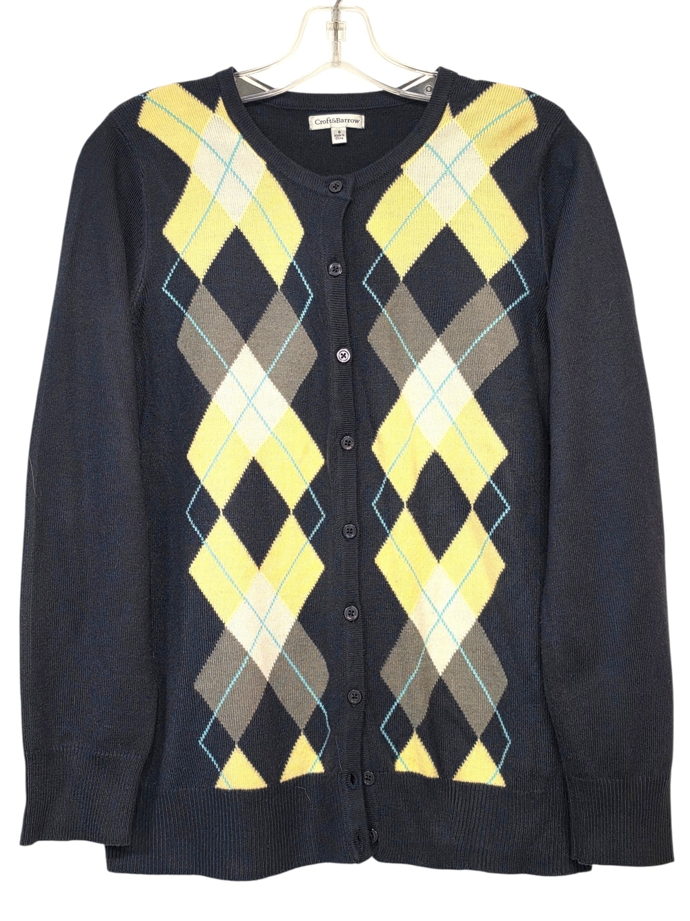 Croft & Barrow Argyle Cardigan Sweater Navy Yellow Teal Button Front Small